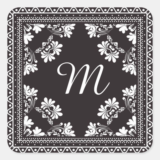 Schwarz-Weiß-Bandanna Monogram Quadratischer Aufkleber (Vorderseite)