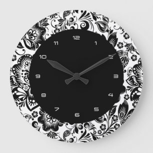 Schwarz-Weiß-Barock-Blume-Muster Große Wanduhr