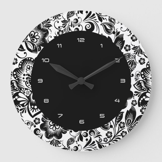 Schwarz-Weiß-Barock-Blume-Muster Große Wanduhr (Vorderseite)