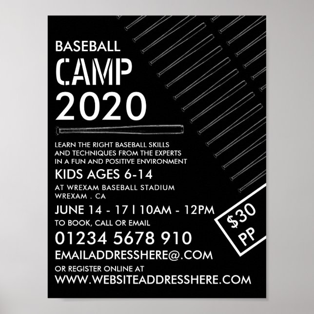 Schwarz-Weiß-Baseball-Bat, Baseball-Camp-Werbung Poster (Vorne)