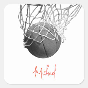 Schwarz-Weiß-Basketball Ball & Netz Ihr Name Quadratischer Aufkleber