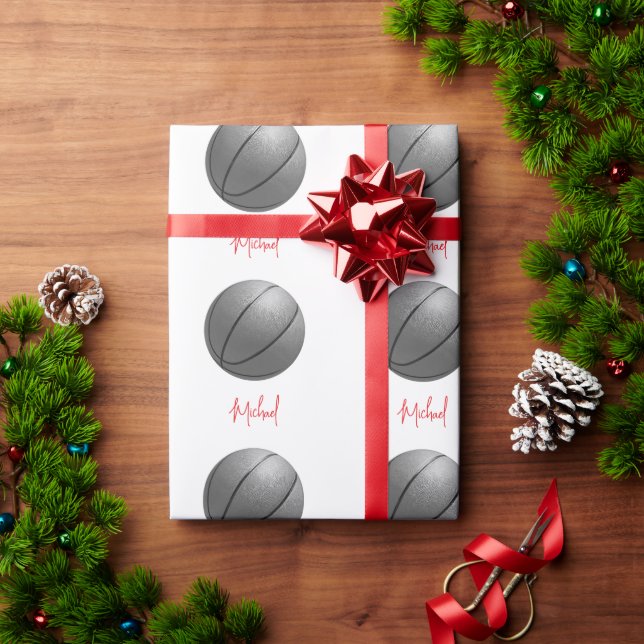 Schwarz-Weiß-Basketball Ihr Name Geschenkpapier (Feiertagsgeschenk)
