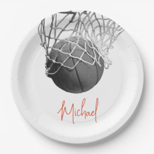 Schwarz-Weiß-Basketball & Netz Dein Name Pappteller
