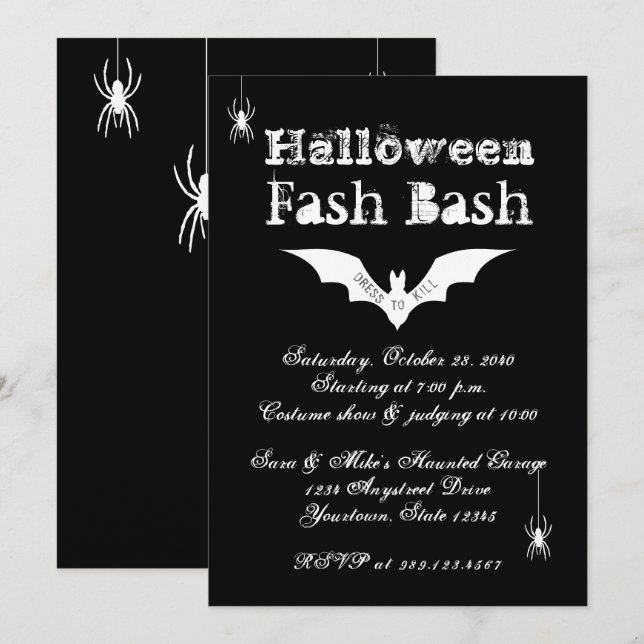 Schwarz-Weiß Bat Chic Crazy Halloween-Party Einladung (Vorne/Hinten)