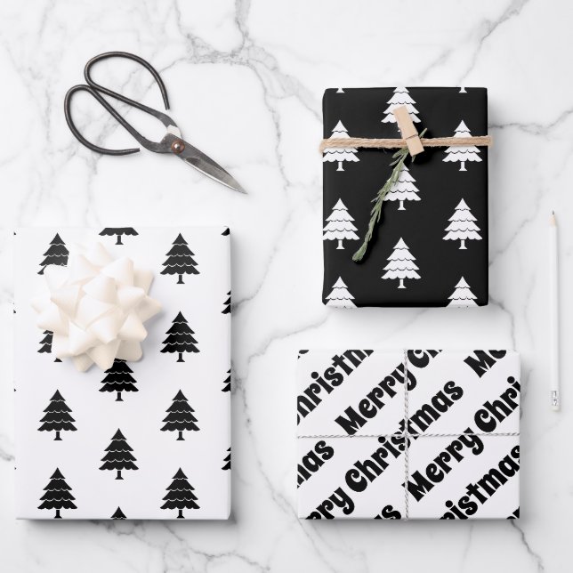 Schwarz-Weiß-Bäume Frohe Weihnachtsfeiertage Geschenkpapier Set (Vorderseite)