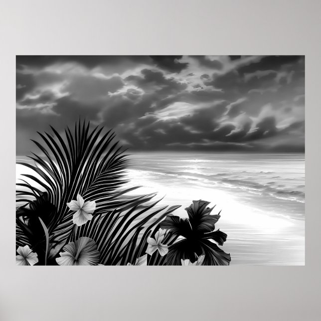 Schwarz-weiß Beach Ocean Palm Hibiskus Blume Poster (Vorne)