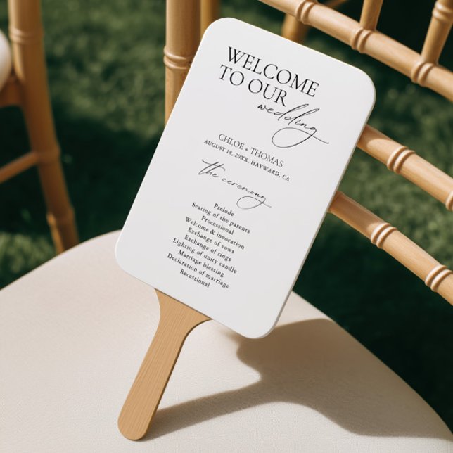 Schwarz-Weiß Begrüßungsprogramm Hand Fan Fächer (Black & White Welcome Wedding Program Hand Fan)