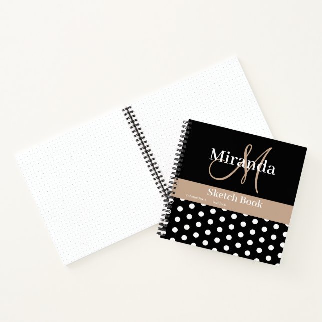 Schwarz-weiß Beige Monogram Polka Dots Sketch Notizbuch (Innenseite)
