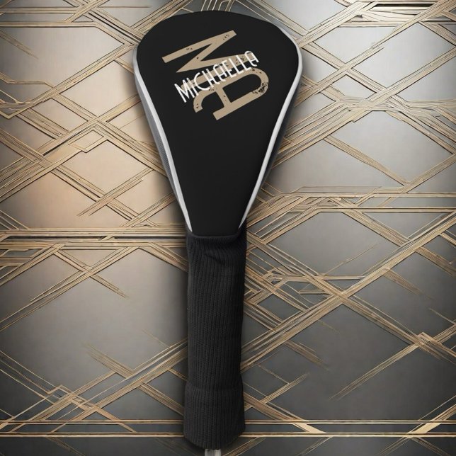 Schwarz-weiß-beige-Monogramm-personalisierter Name Golf Headcover (Von Creator hochgeladen)