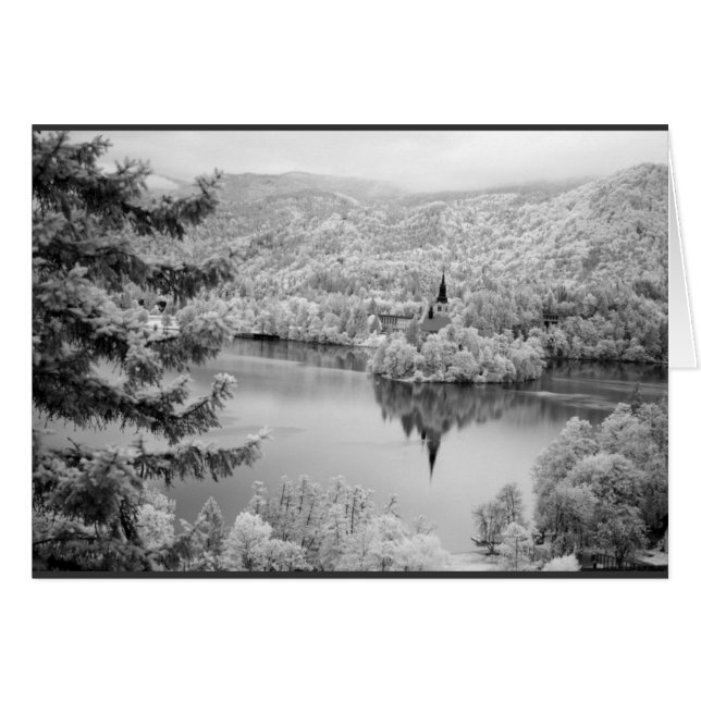 Schwarz-Weiß-Bild des Bled-Sees, Slowenien (Vorderseite (Horizontal))