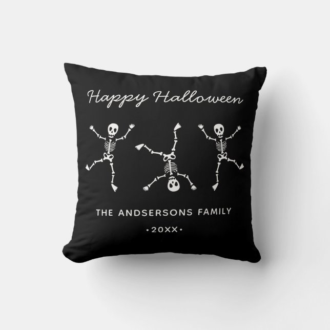 Schwarz-Weiß-Blatt Skeleton-Happy Halloween Kissen (Vorderseite)