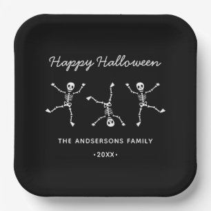 Schwarz-Weiß-Blatt Skeleton-Happy Halloween Pappteller