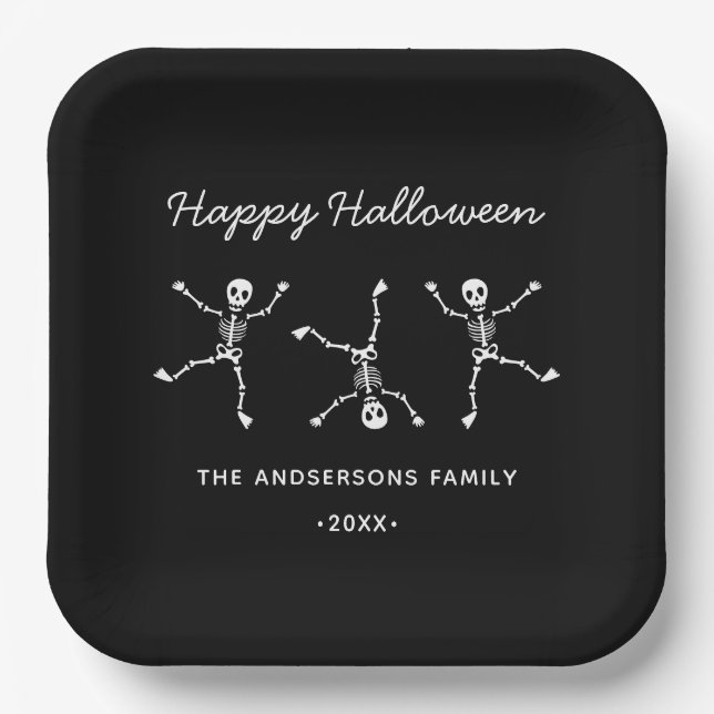 Schwarz-Weiß-Blatt Skeleton-Happy Halloween Pappteller (Vorderseite)