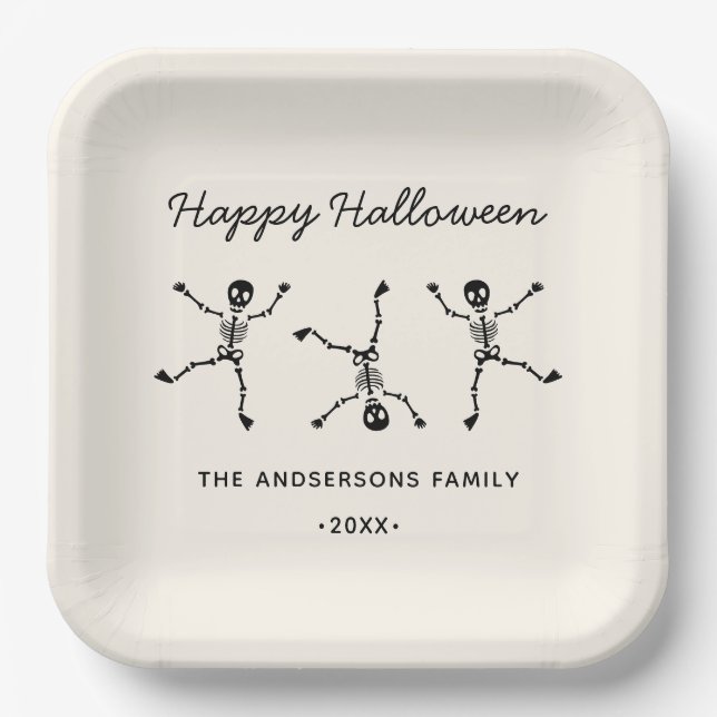 Schwarz-Weiß-Blatt Skeleton-Happy Halloween Pappteller (Vorderseite)