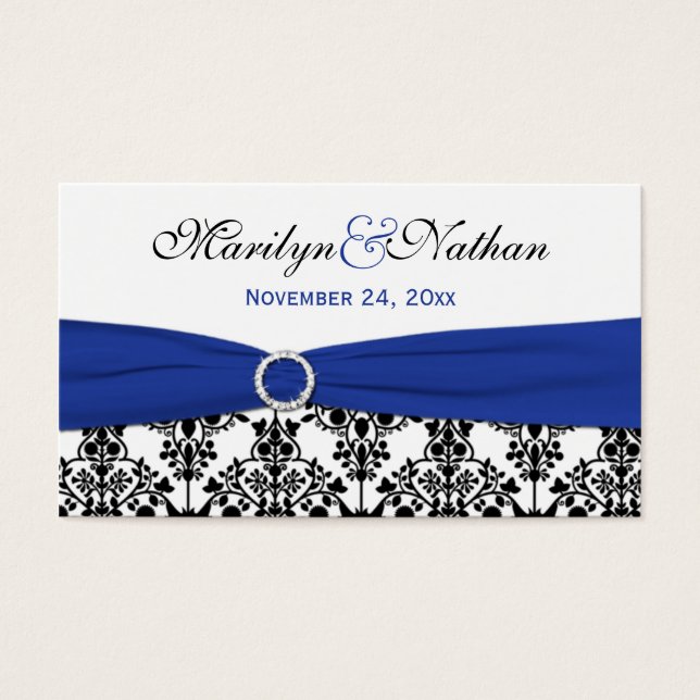 Schwarz, Weiß, Blau Damask Hochzeitsvorzugstempel (Vorderseite)