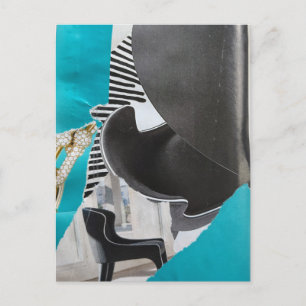 Schwarz Weiß Blau Klavier und Stuhl Collage Postka Postkarte
