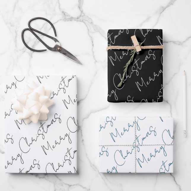 Schwarz, Weiß, Blau Weihnachtsfeiertag Geschenkpapier Set (Vorderseite)
