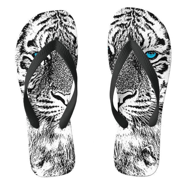 Schwarz-Weiß-Blaue Augen Tiger Grafik Flip Flops (Fußbett)