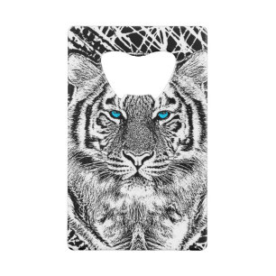 Schwarz-Weiß-Blaue Augen Tiger Streifen Kreditkartenflaschenöffner
