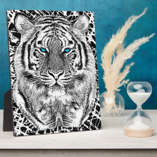 Schwarz-Weiß-Blaue Augen-Wildziger-Gesicht Fotoplatte