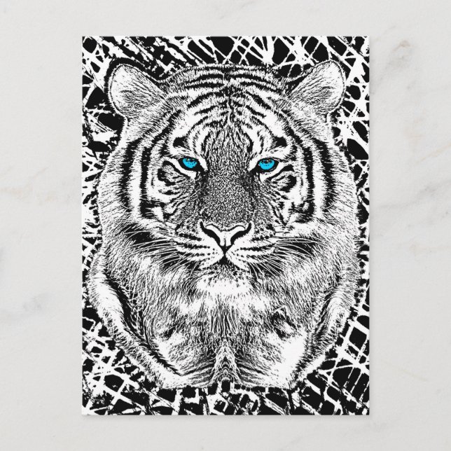 Schwarz-Weiß-Blaue Augen-Wildziger-Gesicht Postkarte (Vorderseite)