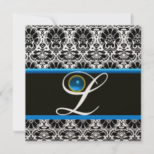 SCHWARZ WEISS BLAUE DAMAST-MONOGRAMM Saphir Metall Einladung