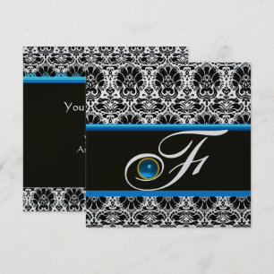 SCHWARZ WEISS BLAUER DAMAST MONOGRAMM Saphir Silbe Einladung