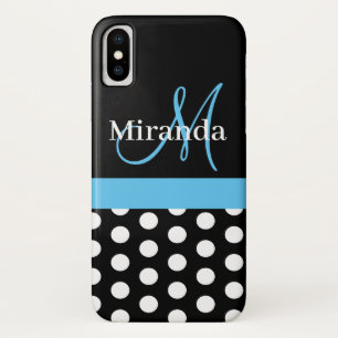 Schwarz-weiß Blue Monogram Script Polka Dots Case-Mate iPhone Hülle
