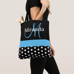 Schwarz-weiß Blue Monogram Script Polka Dots Tasche