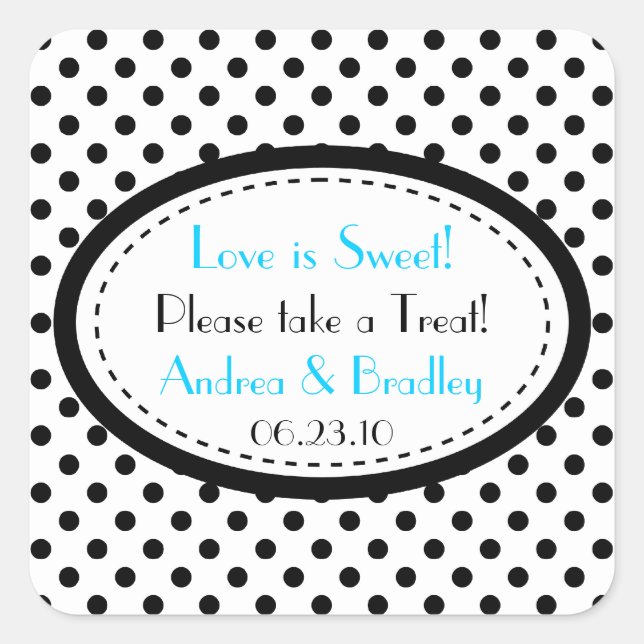Schwarz-weiß Blue Polka Dot Candy Buffet Hochzeit Quadratischer Aufkleber (Vorderseite)