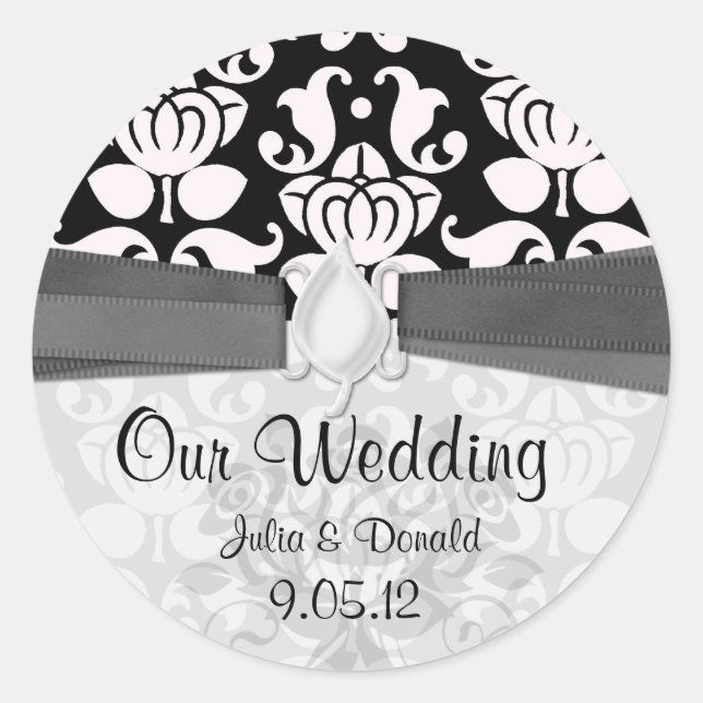 Schwarz-Weiß-blüh-Damastenhochzeit Runder Aufkleber (Vorderseite)