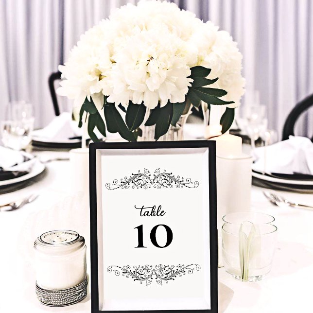 Schwarz-Weiß-Blüh Elegance Tischnummer (Black and White Flourish Elegance table number card for number your wedding guest tables.)