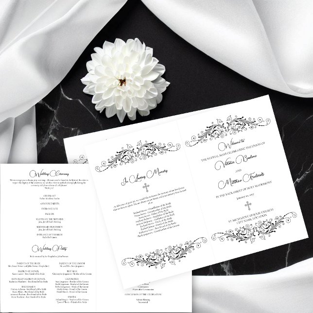 Schwarz-Weiß-Blüh-Hochzeitsprogramm (Black and White Flourish Elegance folded wedding program to give out to your wedding guests.)