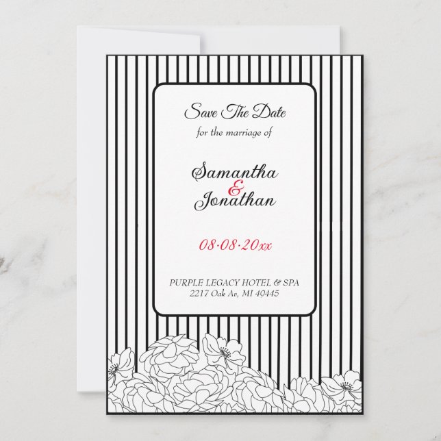 Schwarz-Weiß-Blume auf Streifen Save the Date Einladung (Vorderseite)