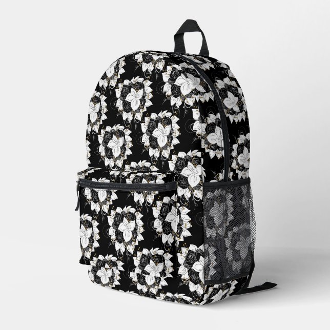 Schwarz-Weiß-Blume Bedruckter Rucksack (Rückseitige Ecke Rechts)