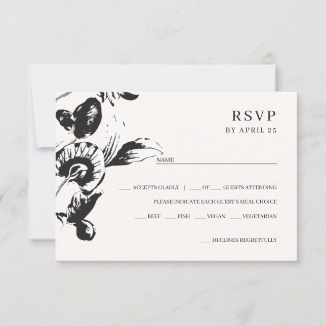 Schwarz-Weiß-Blume elegante botanische Hochzeit RSVP Karte (Vorderseite)
