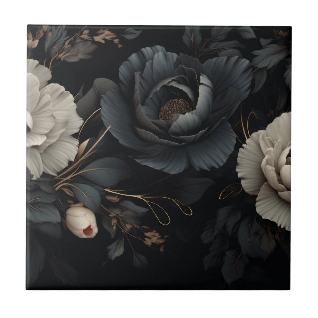 Schwarz-Weiß-Blume Fliese (Vorderseite)