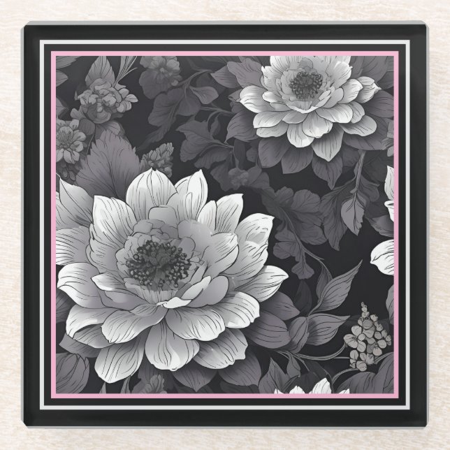 Schwarz-Weiß-Blume Glasuntersetzer (Vorderseite)