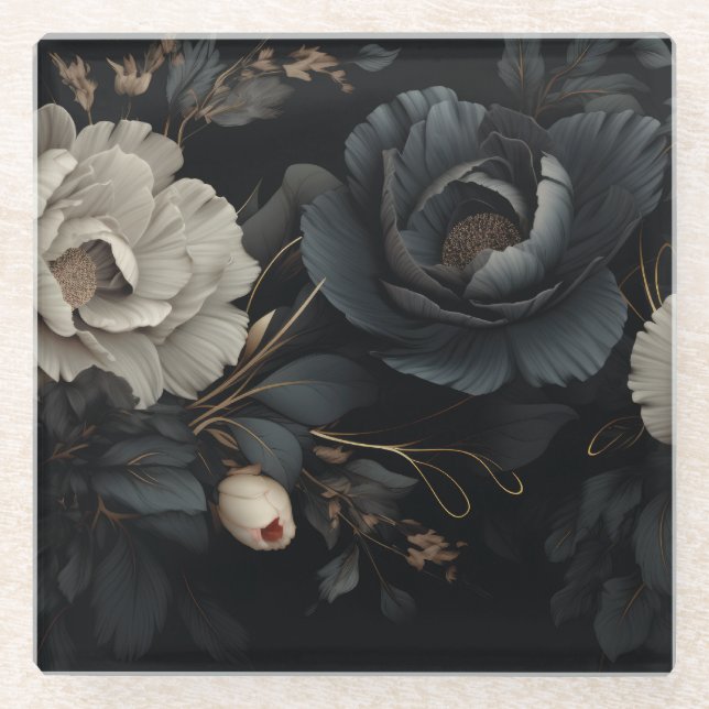 Schwarz-Weiß-Blume Glasuntersetzer (Vorderseite)