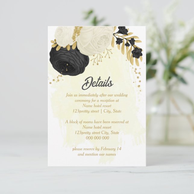 Schwarz-Weiß-Blume-Goldhochzeit Begleitkarte (Stehend Vorderseite)