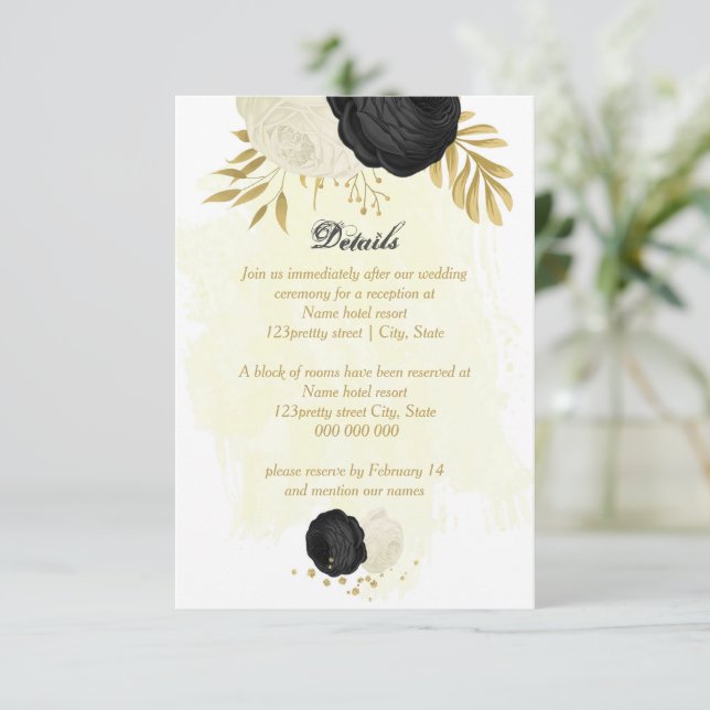 Schwarz-Weiß-Blume-Goldhochzeit Begleitkarte (Stehend Vorderseite)