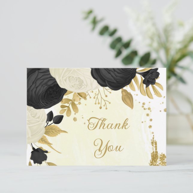 Schwarz-Weiß-Blume-Goldhochzeit Dankeskarte (Stehend Vorderseite)