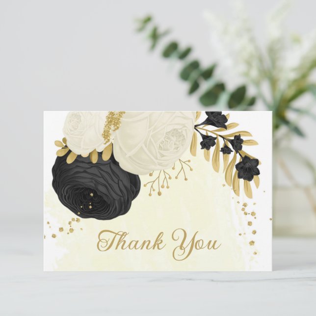 Schwarz-Weiß-Blume-Goldhochzeit Dankeskarte (Stehend Vorderseite)
