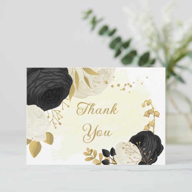Schwarz-Weiß-Blume-Goldhochzeit Dankeskarte (Stehend Vorderseite)