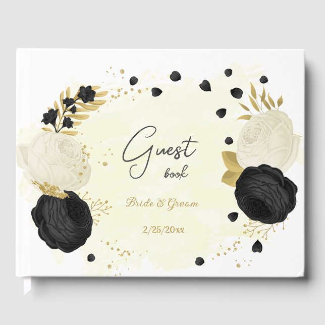 Schwarz-Weiß-Blume-Goldhochzeit Gästebuch (Vorderseite)