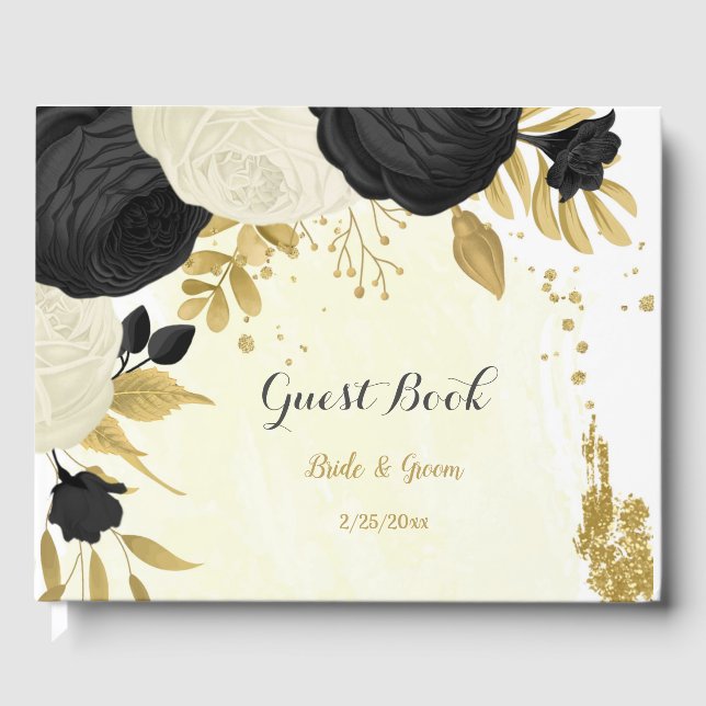 Schwarz-Weiß-Blume-Goldhochzeit Gästebuch (Vorderseite)
