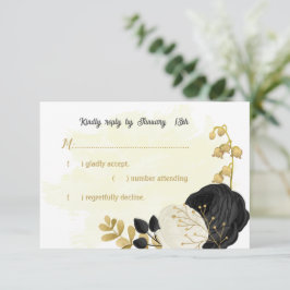 Schwarz-Weiß-Blume-Goldhochzeit RSVP Karte