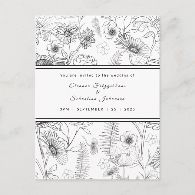 Schwarz-Weiß-Blume Hochzeit Postkarte (Vorderseite)