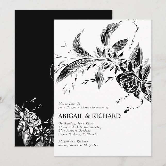 Schwarz-Weiß-Blume Hochzeitspaare duschen Einladung (Vorne/Hinten)