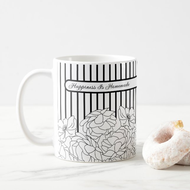 Schwarz-Weiß-Blume mit Streifen Kaffeetasse (Mit Donut)